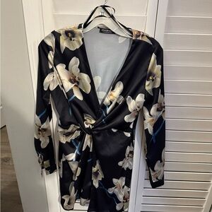 Fashion Nova Black Floral Wrap Satin Dress